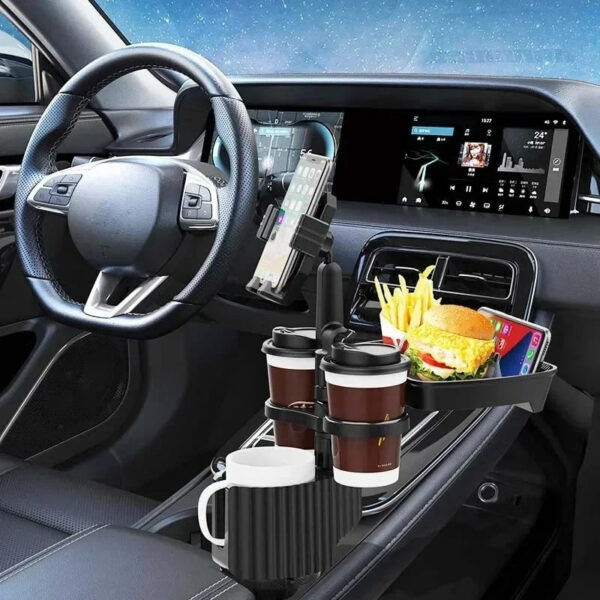 Car Cup Holder Expander Tray – Adjustable Car Food Table with 3 Cup Holders