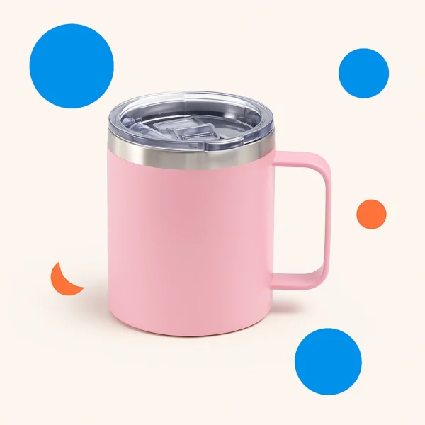 14oz Insulated Stainless Steel Coffee Mug – Double Wall Travel Cup with Handle & Clear Lid – Powder Coated Finish – European Design