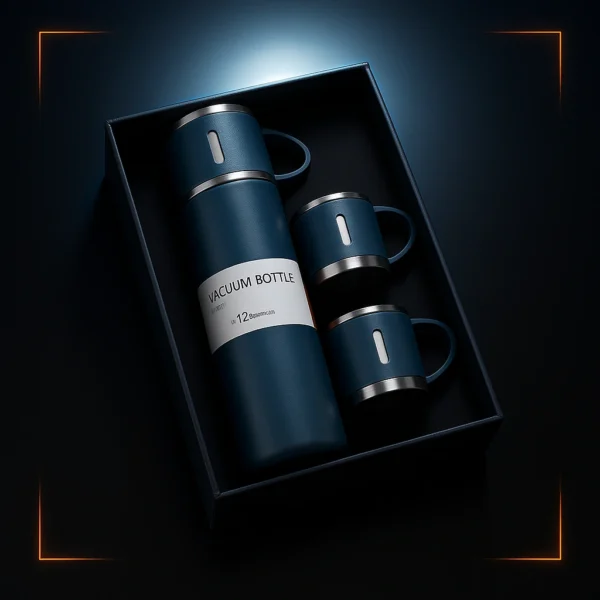 Corporate Stainless Steel Vacuum Flask Gift Set – 500ml Thermos Bottle with 2 Cups – 12-Hour Hot & Cold Insulation