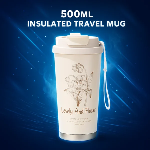500ml Insulated Travel Mug – 316 Stainless Steel Coffee Cup with Dual Drinking Modes, Leak-Proof Lid, Carry Strap & 3D Floral Design – Hot & Cold Thermos Bottle