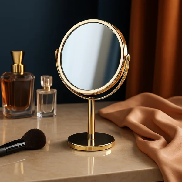 Double-Sided Makeup Mirror – 6X Magnification & Regular View, 360° Rotating Tabletop Vanity Mirror – Lightweight, Handheld, Silver & Gold Finish