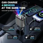 4-in-1 Fast Car Charger with Retractable Cables