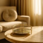 صينية مرآة دائرية ذهبية مع قضبان جانبية وأرجل