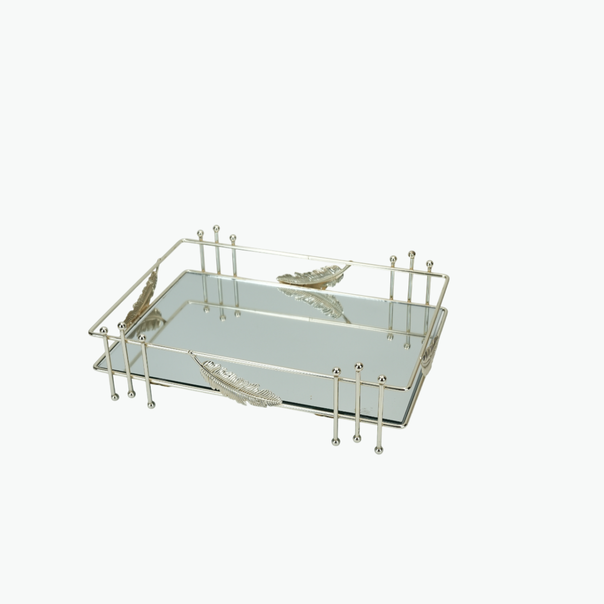 طقم صينيتين مستطيلتين بقاعدة مرآة وإطار بنقشة أوراق