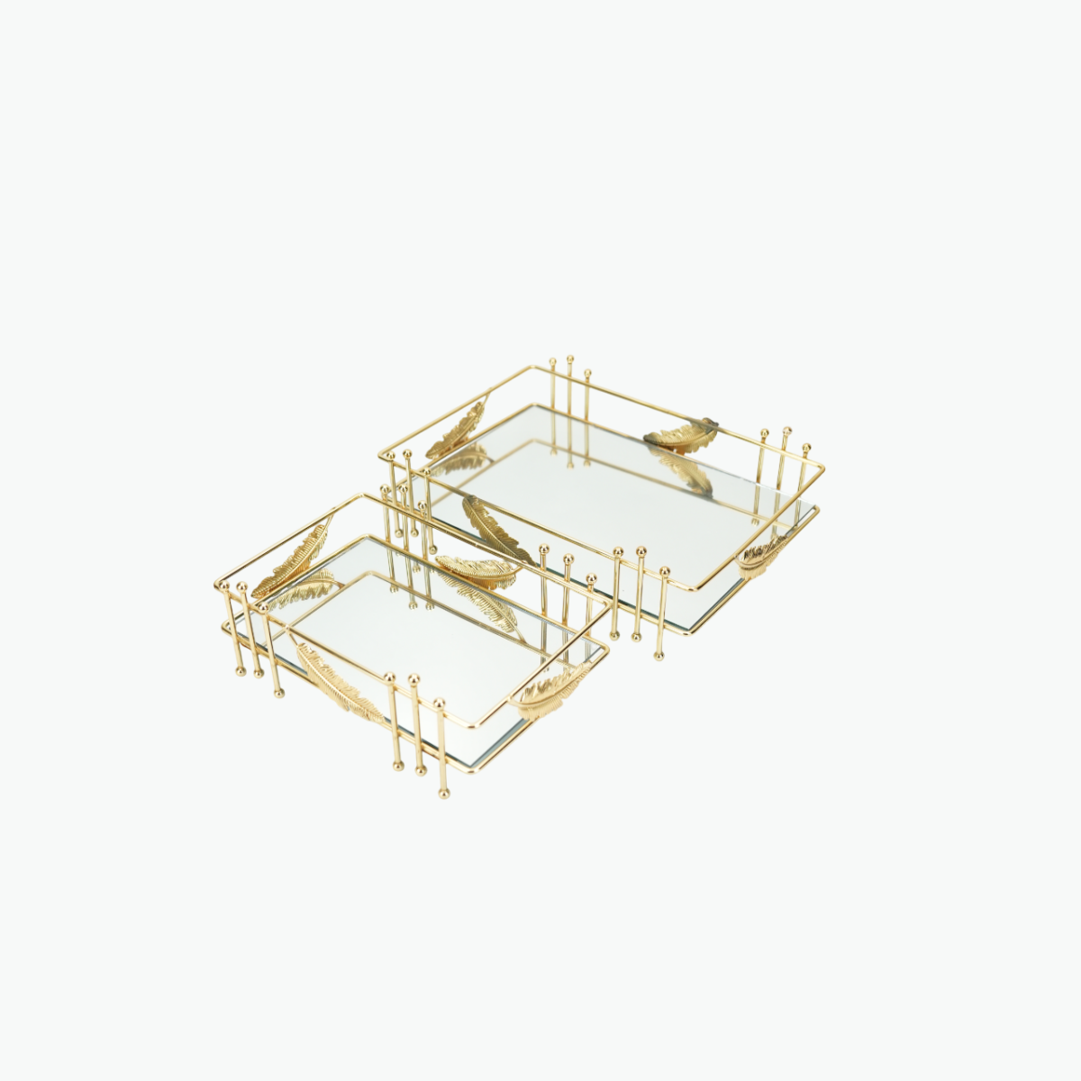 طقم صينيتين مستطيلتين بقاعدة مرآة وإطار بنقشة أوراق