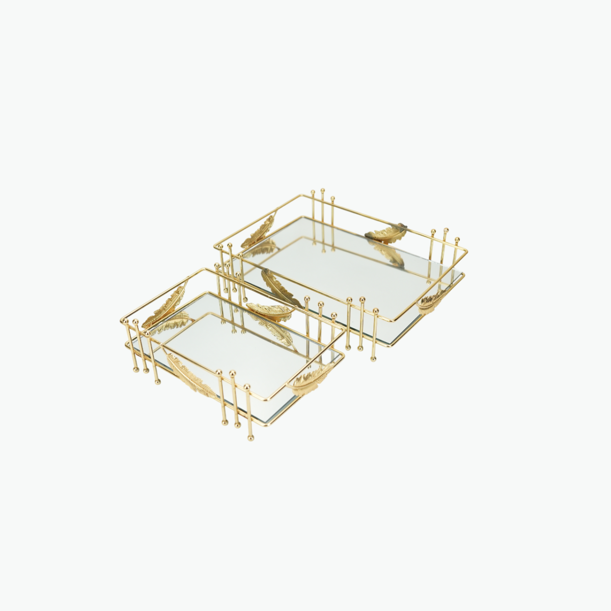طقم صينيتين مستطيلتين بقاعدة مرآة وإطار بنقشة أوراق