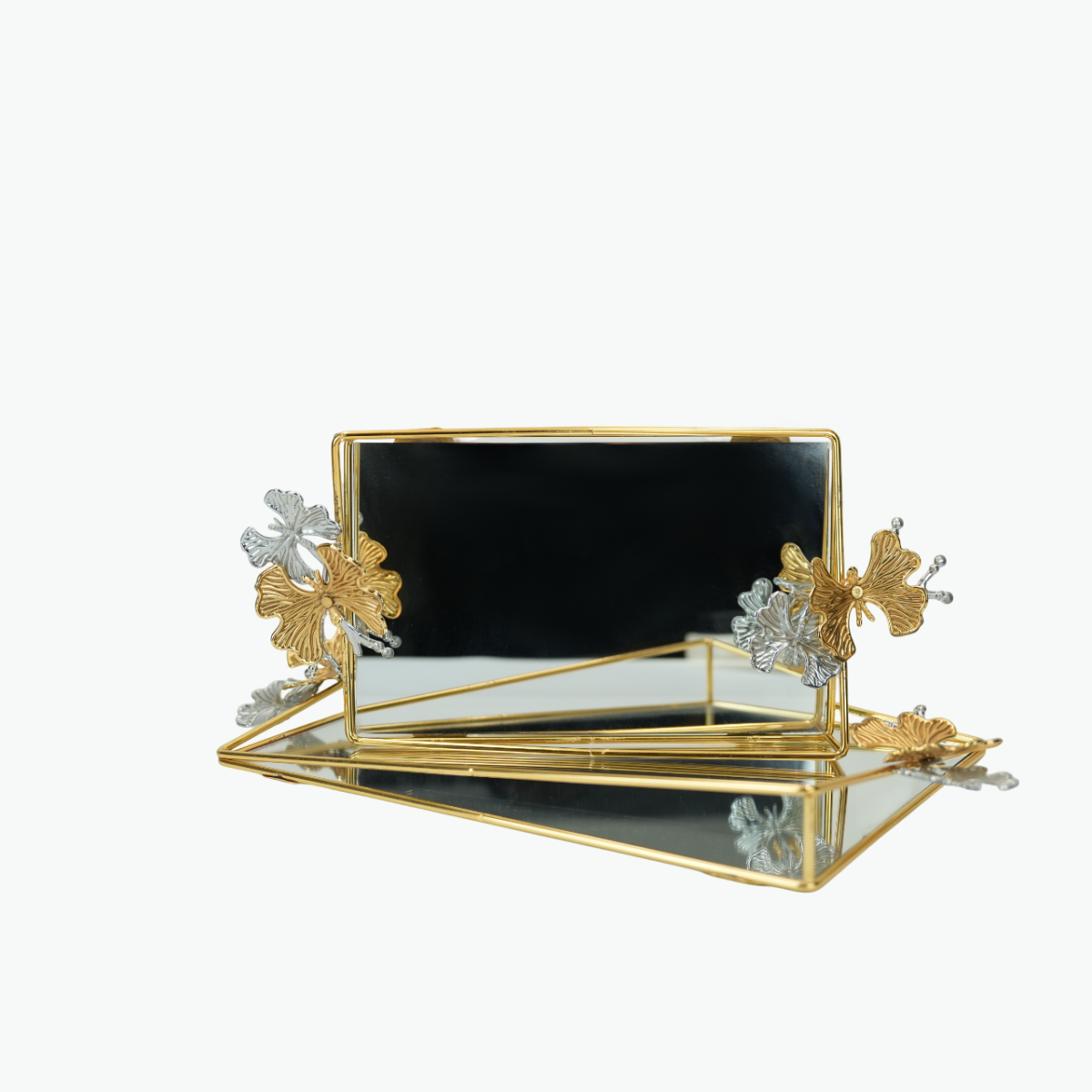 Golden Butterfly Rectangular Mirrored Tray Set