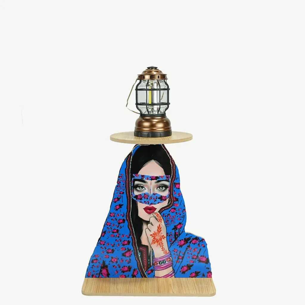 Wooden Serving Table with Traditional Burqa Lady