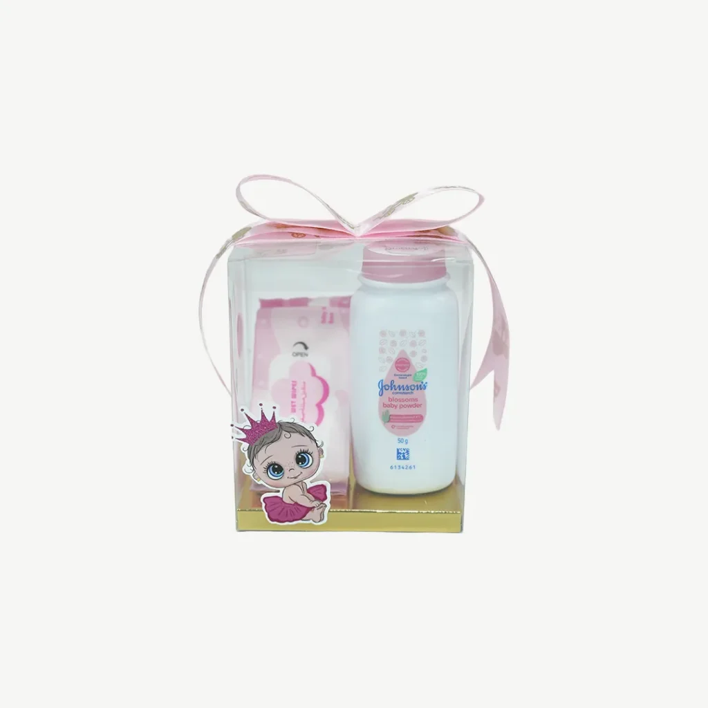 Baby Girl Newborn Giveaway Box with Wet Wipes & Johnson's Powder (10x10 cm) (1)