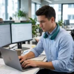 man wears Portable Bladeless Neck Fan - Rechargeable with Type-C Charger